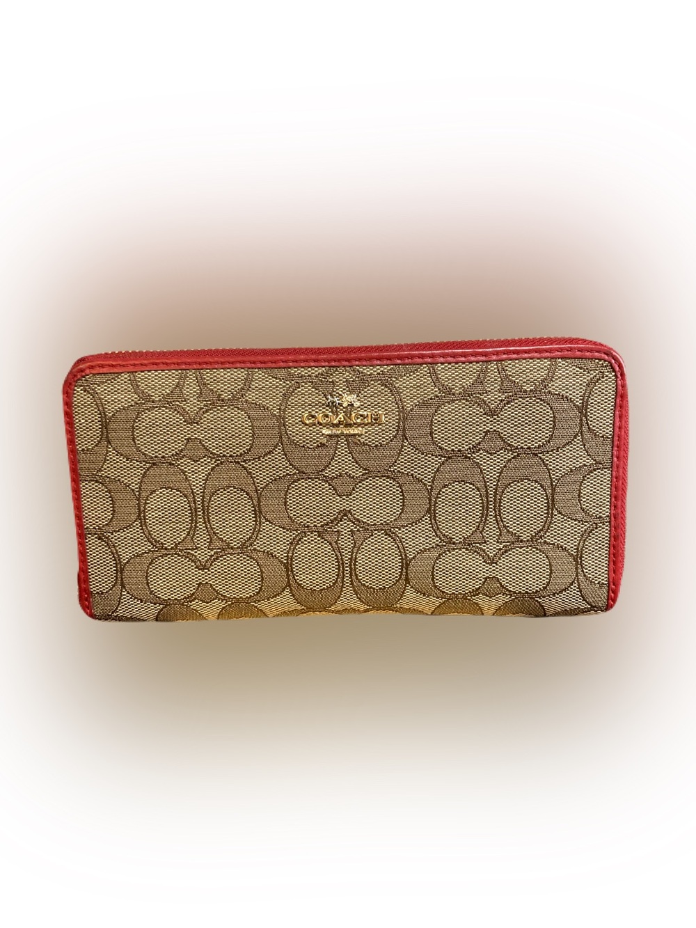 Coach Signature Accordion Zip-Around Wallet Signature Canvas Brown Red Trim